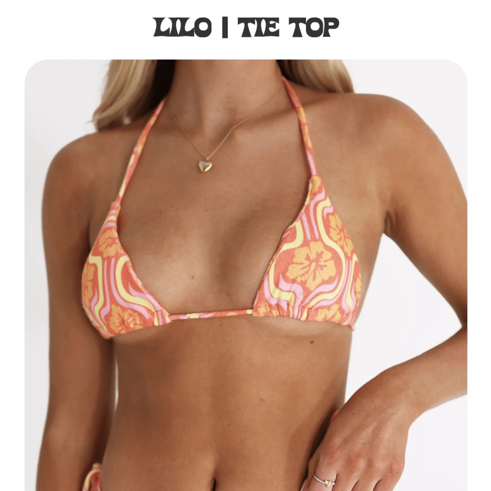 Aurelle Lilo Tie Top and Bottoms. Bright salmon color
